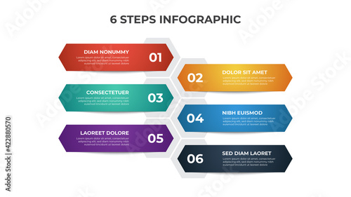 Colorful 6 points of steps, with hexagonal list layout diagram, infographic element template