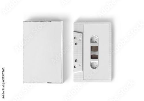 Blank white label and case of Cassette Tape on isolated background