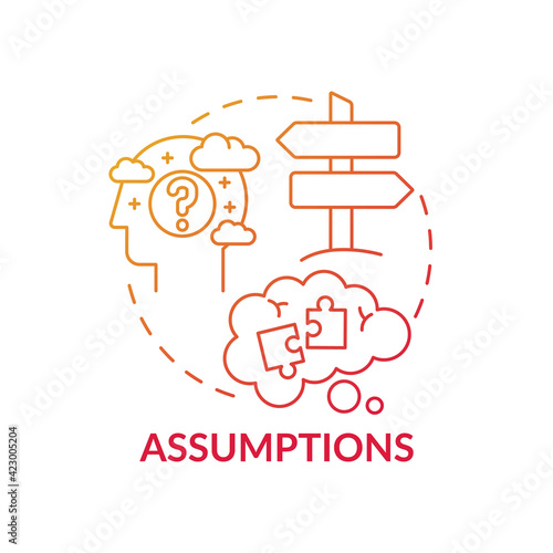 Assumptions red gradient concept icon. Proof for theory. Presumption, problem with critical thinking. Mental block idea thin line illustration. Vector isolated outline RGB color drawing