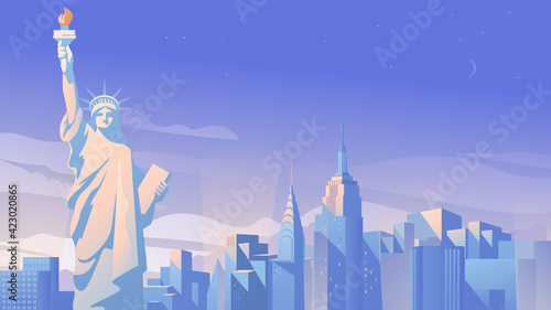 New York city panorama landing page in flat cartoon style. The Statue of Liberty, skyscrapers, urban landscape with modern building. Travelling of landmarks. Vector illustration of web background