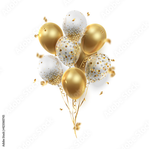 Bouquet, bunch of realistic transparent, golden ballons and gold ribbons, serpentine, confetti. Vector illustration for card, party, design, flyer, poster, decor, banner, web, advertising. 