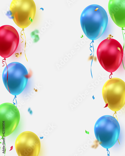 Poster witn realistic colored, red, green, blue, yellow ballons and ribbons, serpentine, confetti and 3d letters goft for you. Vector illustration.