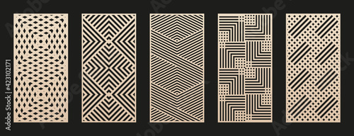 Laser cut patterns collection. Vector set with abstract geometric ornament, lines, stripes, grid, lattice. Decorative stencil for laser cutting of wood panel, metal, plastic, paper. Aspect ratio 1:2