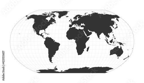 Map of The World. Robinson projection. Globe with latitude and longitude net. World map on meridians and parallels background. Vector illustration.