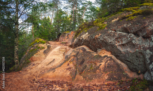 View to the Erglu Cliffs. Beautiful autumn landscape with sandstone and forest. Latvia. Baltic.