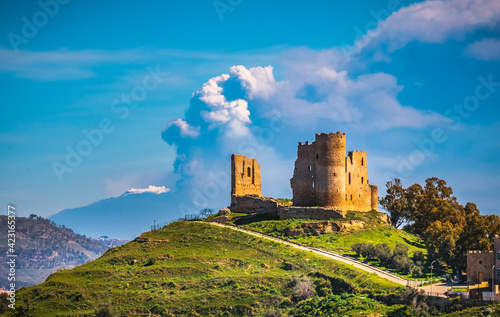 View of Mazzarino Medieval Castle with the Mount Etna in the Background during the Eruption, Caltanissetta, Sicily, Italy, Europe