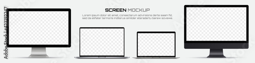 Computer monitors and laptops with blank screen. Mockup of screen device