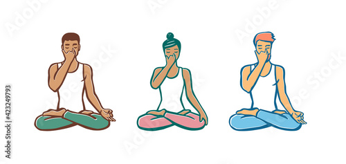 Set of people in cross-legged pose practicing breathing exercise. Nadi shodhana Pranayama technique. Calligraphy inscription. Vector illustration for logotype, poster, magazine, t-shirt