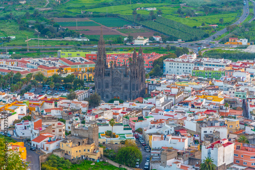 Sunset aerial view of Arucas town at Gran Canaria, Canary Islands, Spain