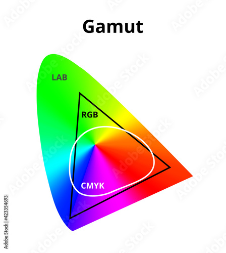 Vector illustration of simplified cmyk, rgb and lab gamut isolated on white. Difference between cmyk and rgb color space in a lab or CIELAB color space. Color theory, 2D diagram with a color gradient.