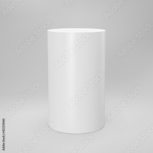 White 3d cylinder front view with perspective isolated on grey background. Cylinder pillar, empty museum stage, pedestal or product podium. 3d basic geometric shape vector illustration