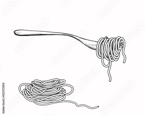 Hand drawn sketch black and white of pasta, spaghetti, fork. Vector illustration. Elements in graphic style label, sticker, menu, package. Engraved style illustration.