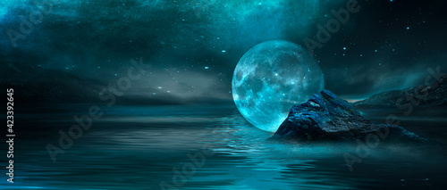 Futuristic fantasy night landscape with abstract landscape and island, moonlight, shine, moon. Dark natural scene with reflection of light in the water, neon blue light. Dark neon circle background. 
