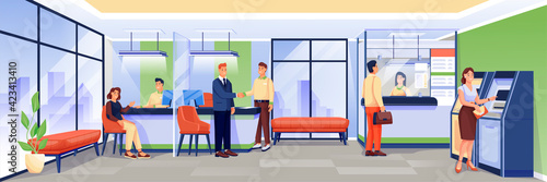 Workers and clients in bank office. Finance services, business department vector illustration. Financial workplace interior background design with counters, atms, chairs indoor