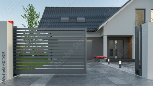 Automatic Sliding Gate and house, 3d illustration 