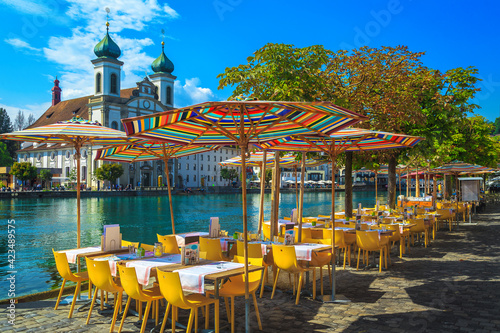 Street cafe on the shore of the Reuss river, Lucerne