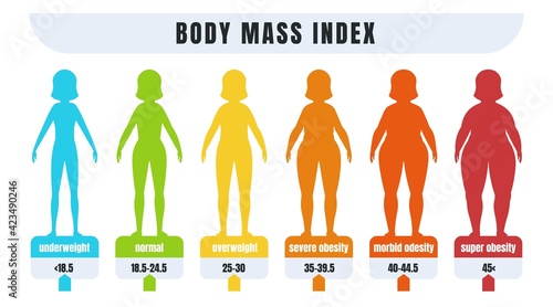 Woman BMI. Body mass index infographic for people with obesity and normal weight. Diagram for diagnosing adiposity or underweight. Female silhouettes from skinny to fat, vector banner