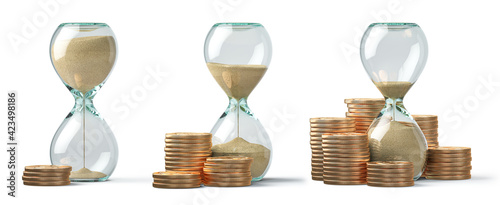 Golden coins and hourglass clock isolated on white. Return on investment, deposit, growth of income and savings, time is money concept. Business success.