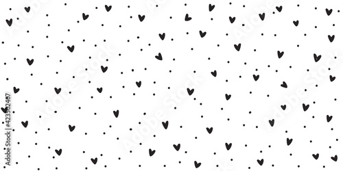 Black white background with hearts and dots, seamless pattern