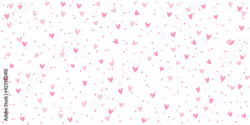 Pink white background with hearts and dots, seamless pattern, vector drawing wide horizontal