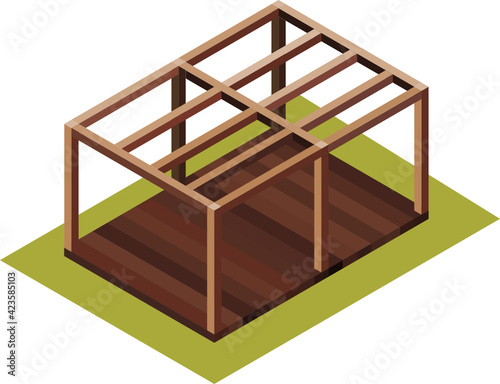 Wooden bower isometric with terrace. Dark wood.