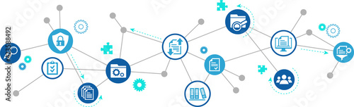 Document management vector illustration. Blue concept with no people related to digital file storage system / software, corporate records keeping, database technology, remote file access, doc sharing.