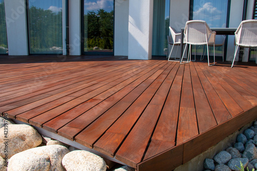 Ipe wood deck, modern house design with wooden patio, low angle view of tropical hardwood decking