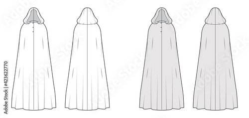 Cloak coat technical fashion illustration with hood, oversized trapeze body, floor maxi length, button closure. Flat jacket template front, back, white, grey color. Women, men, unisex top CAD mockup