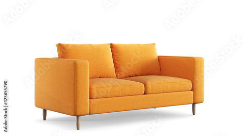 Modern orange textile sofa on isolated white background. Furniture for modern interior, minimalist design.