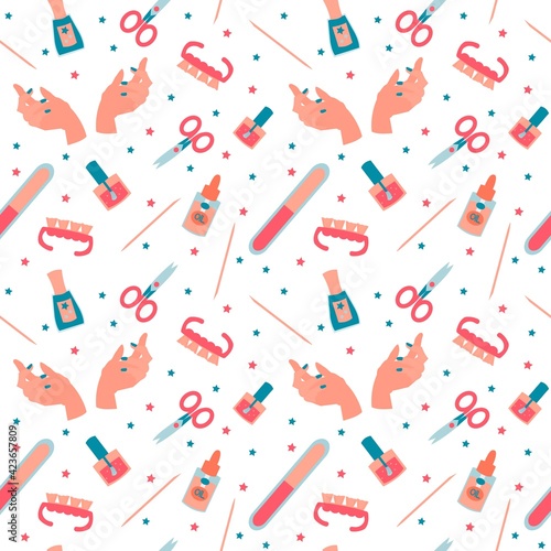 Seamless pattern of manicure tools and famale hands Flash vector illustration