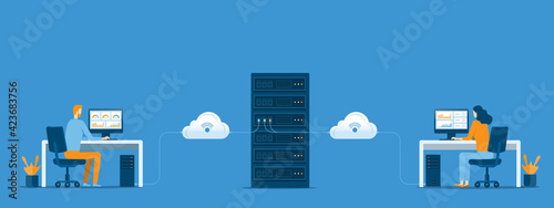 business technology cloud computing service concept and datacenter storage server connect on cloud with administrator and developer team working concept