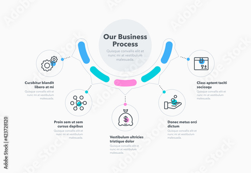 Simple concept for business process diagram with five steps and place for your description. Flat infographic design template for website or presentation.