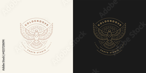 Flying pigeon logo emblem design template vector illustration in minimal line art style