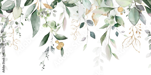 watercolor botanic, Leaf and buds. Seamless herbal composition for wedding or greeting card. Spring Border with leaves eucalyptus