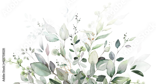 watercolor botanic, Leaf and buds. herbal composition for wedding or greeting card. Spring Border with leaves eucalyptus