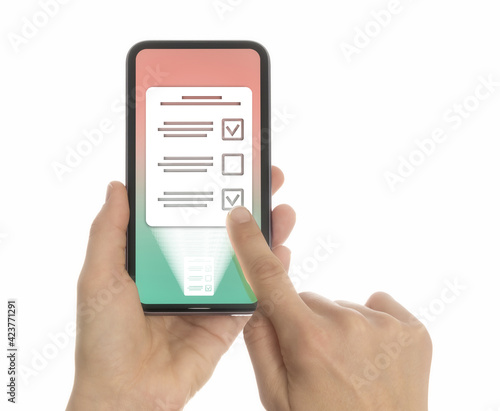 Woman selects the right answer in questionnaire on her smartphone. Concept of online testing, questionnaires, voting. Isolated on white