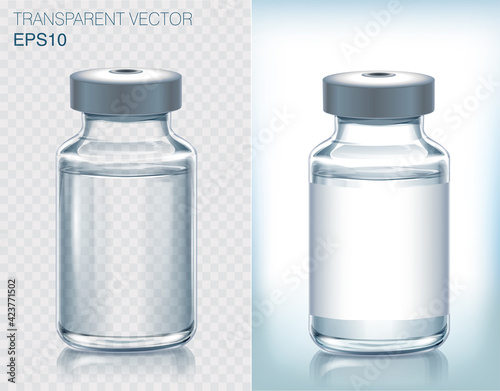 Collection of medical vaccine bottles. Transparent vector ampoule on light background