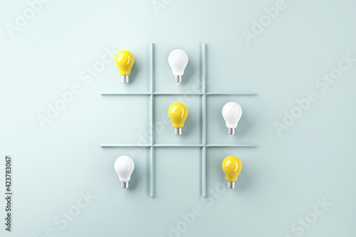 Creativity concepts ideas with light bulb on ox or tic tac toe game. 3d render.