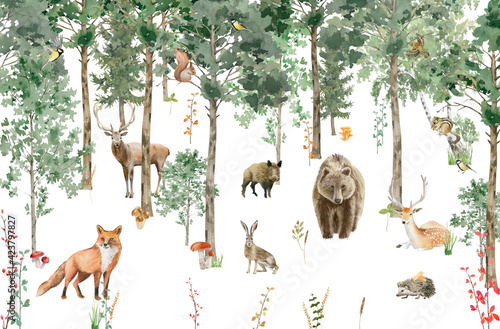 Children's wallpaper. Watercolor forest with animals.