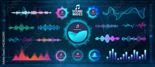 Modern Sound Waves - Equalizer. Futuristic waveforms, circle UI and UX bars, voice graph signal and music wave in futuristic HUD style. Microphone voice and sound recognition. Vector audio waves set