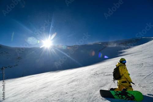 Snowboarder posing on the snowy hill. Extreme winter sports. Breckenridge, CO