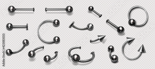 Set of piercing jewelry, metal pierce rings, barbell with balls and cones for face and body decoration. Beauty accessories, earrings isolated on background, Realistic 3d vector icons