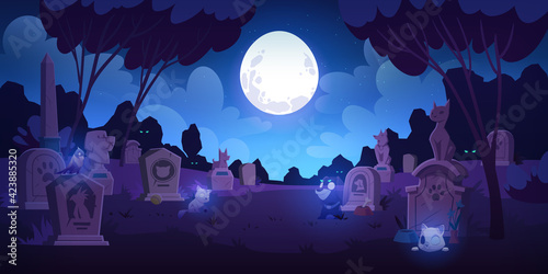 Pet cemetery at night, animal graveyard with tombstones, grave tombs with cats, dogs and birds souls near monuments with their photos under full moon in dark starry sky, Cartoon vector illustration