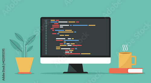 coding and programming software on window computer screen concept, vector flat design illustration