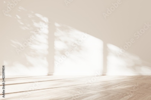 Mock-up of white empty room and light wood laminate floor with sun light cast the shadow on the wall, Perspective of minimal inteior design architecture, 3D rendering, 3D illustration