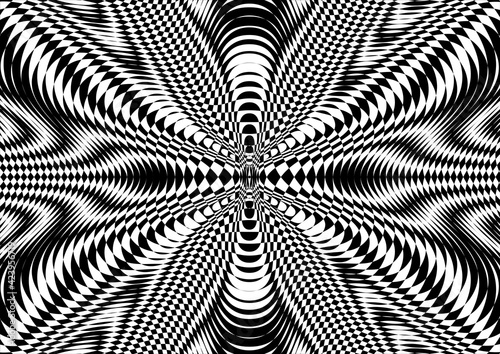 Moire effect, black-white hypnotic pattern, psychedelic background. Op art, optical illusion. Modern design, graphic texture.