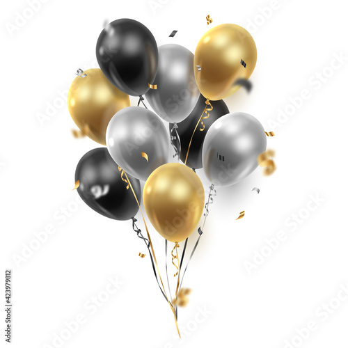 Bouquet, bunch of realistic transparent, golden, silver, black ballons, ribbons, serpentine, confetti. Vector illustration. 