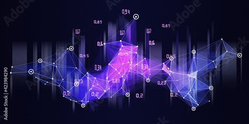Abstract background with chaotic polygonal color grid and blurred data on dark. Futuristic technology concept. Visualization for business, science and technology. Big Data.