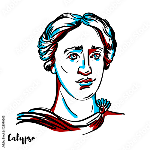 Calypso engraved vector portrait with ink contours on white background. The nymph in Greek mythology, who lived on the island of Ogygia, where she detained Odysseus for seven years.