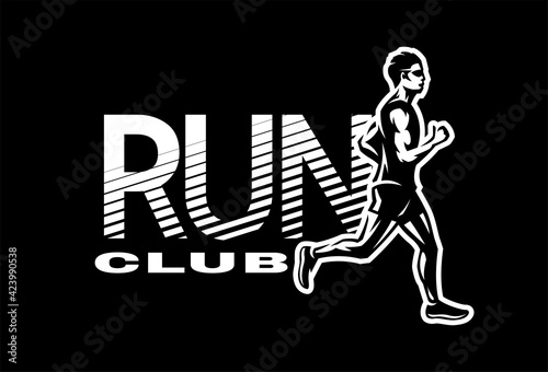 Run club. The running Man, logo, emblem on a dark background. Vector illustration.